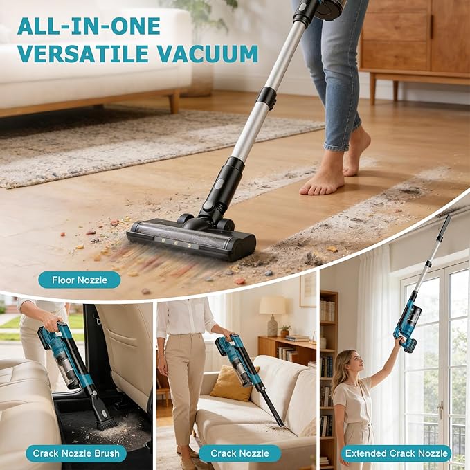 700W Cordless Vacuum Cleaner 60kPa Portable Stick Vacuum with 3 Modes 6 in 1 Stick Vacuum Cleaner Brushless Motor 3 Modes for Floor Carpet Car