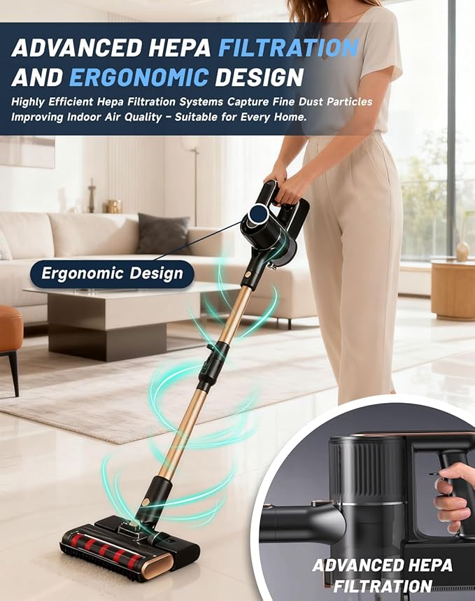 Vacuum Osmo Provacuum – 15000pa Powerful Suction 140° Wide-Green Light Dust Reveal Folding Vacuum Cleaner Anti-Tangle Roller LED Display Vacuum &amp Mop 2-in-1 Whole House Cleaning (White)