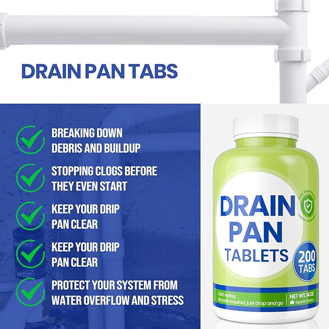 Drain Pan Tabs - 200 Tablets AC Drain Line Cleaner Fast-Acting Treatment for HVAC Window Units Mini-Splits Dehumidifiers Refrigerators - Lasts Up to 4 Weeks No Residue Water-Soluble