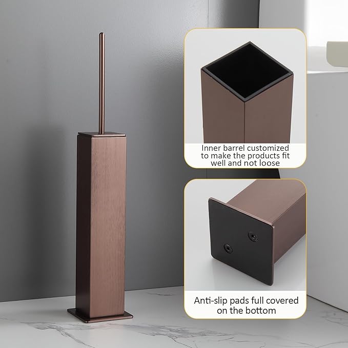 Toilet Brush and Holder Floor Standing Brushed Rose Gold with 2 Replaceable HeadsFreestanding Toilet Bowl Brush with Removable Liner and Splash Guard Modern Square Design