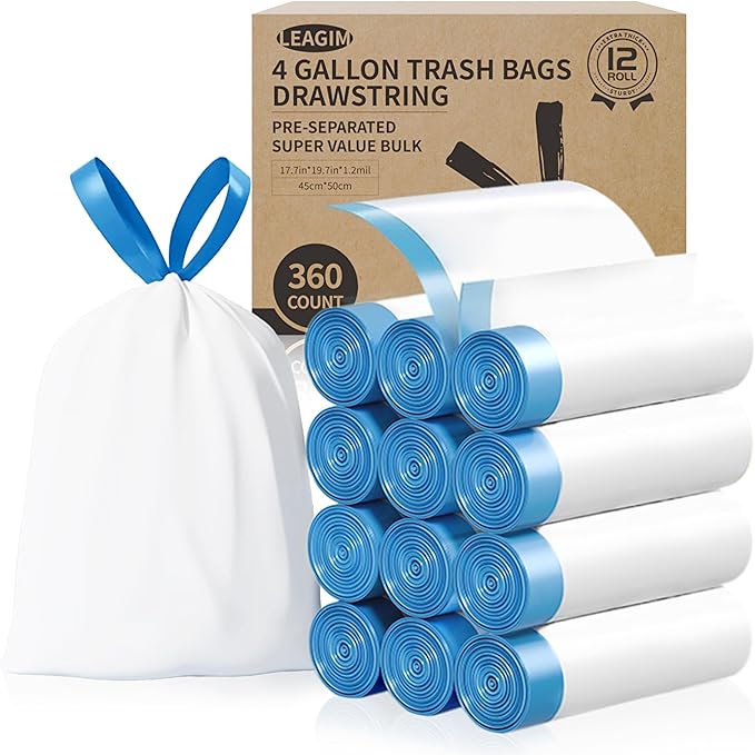 Small Trash Bags 4 Gallon 360 Count -1.2 Mil Drawstring Mini Garbage Bags White Plastic Trash Can Liners for Bathroom Accessories 15 Liter Bedroom Dorm Room Essentials Office