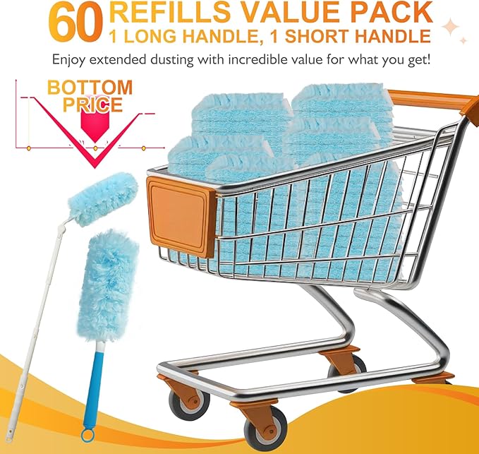 60PCS Fluffy 360° Heavy Duty Duster Refills fits Swiffer Duster 4X Dust Capture Power Unscented Disposable Electrostatic Dusters with 3ft Extended Handle for Furniture Electronics Blinds