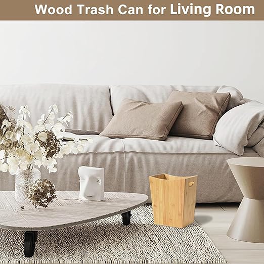 SEHERTIWY Wood Trash Can Wastebasket 2 Gallon Small Waste Basket with 2 Handles Rectangular Bathroom Garbage Can for Bathroom Office Living Room Bedroom Kitchen
