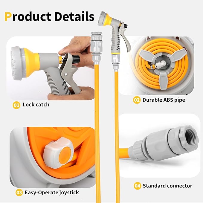 Garden Retractable Hose Reel Portable Simple Home Hose Reel 45+5 FT with 7 Patterns Spray Nozzle Wall Mounted and Any Length Lock for Garden Watering Car Washing Pet (Orange)