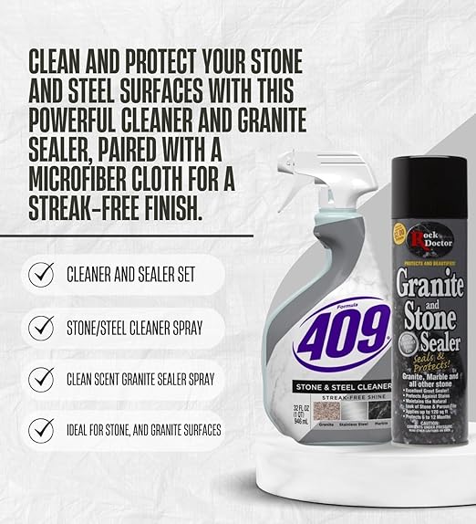 Formula 409 Stone/Steel Cleaner 32 oz Spray and Rock Doctor Clean Scent Granite Sealer 18 oz Spray Bundle with Microfiber Auto Cleaning Cloth – Stone and Countertop Care – Gift Set (3 Items)
