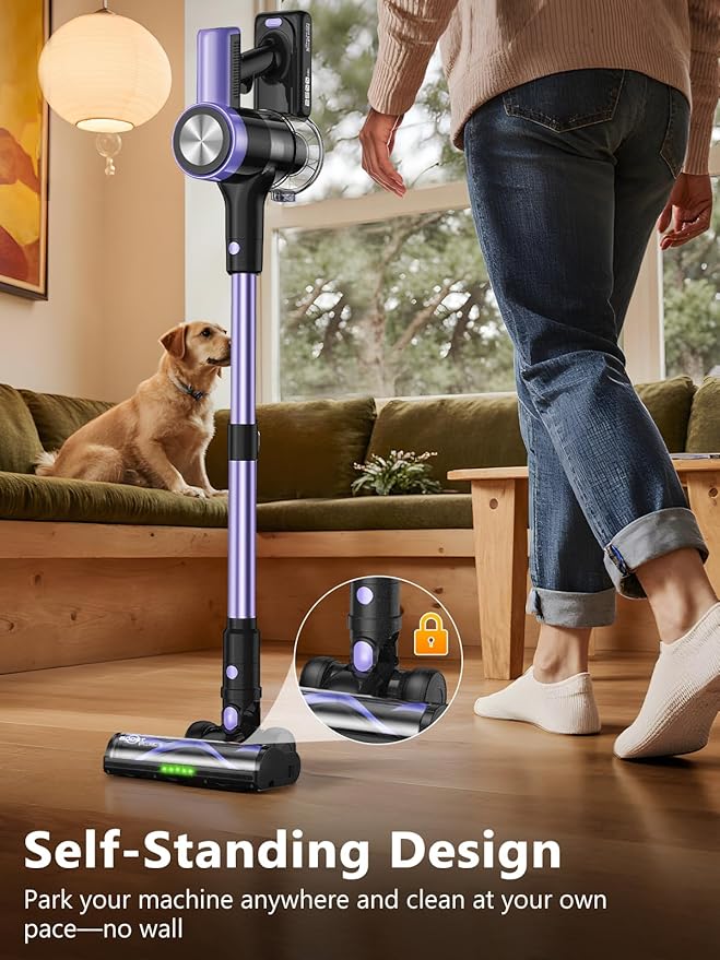 Cordless Vacuum Cleaner 55KPa/500W Stick Vacuum with 55 Mins Runtime Self-Standing Vacuum Cleaner for Home LED Display Anti-Tangle Brush Rechargeable Vacuum for Hardwood Floor Pet Hair (Purple)