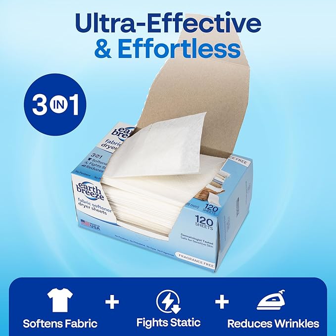 Earth Breeze Fabric Softener Dryer Sheets – Fragrance Free Hypoallergenic No Harsh Chemicals Safe for Sensitive Skin – Static Cling &amp Wrinkle Reducer – Gentle Fabric Care – Made in USA (2 Pack)