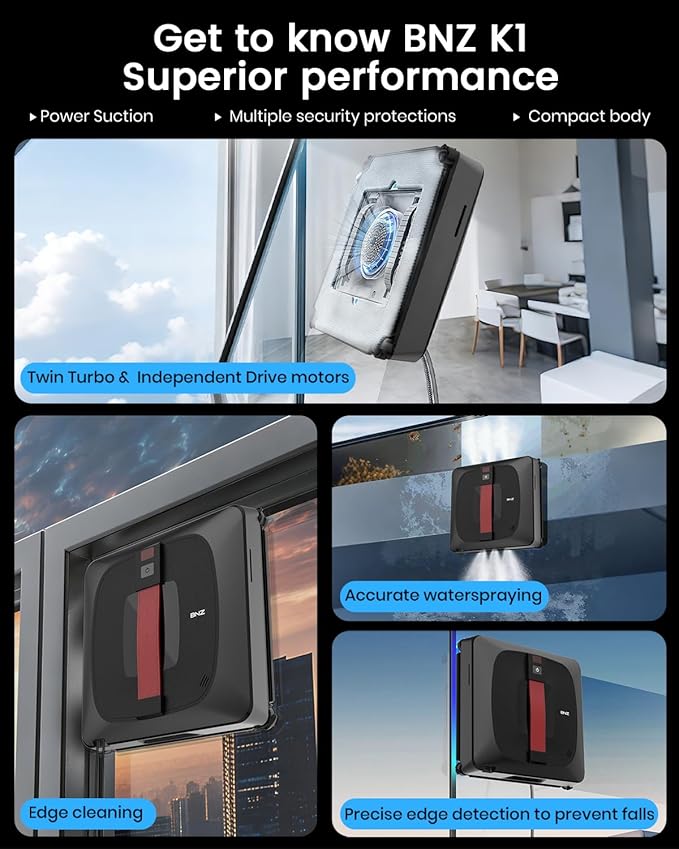 BNZ Window Cleaning Robot Nexus Ultra Black Robotic Vacuum Cleaner for Windows Mirrors Shower Doors