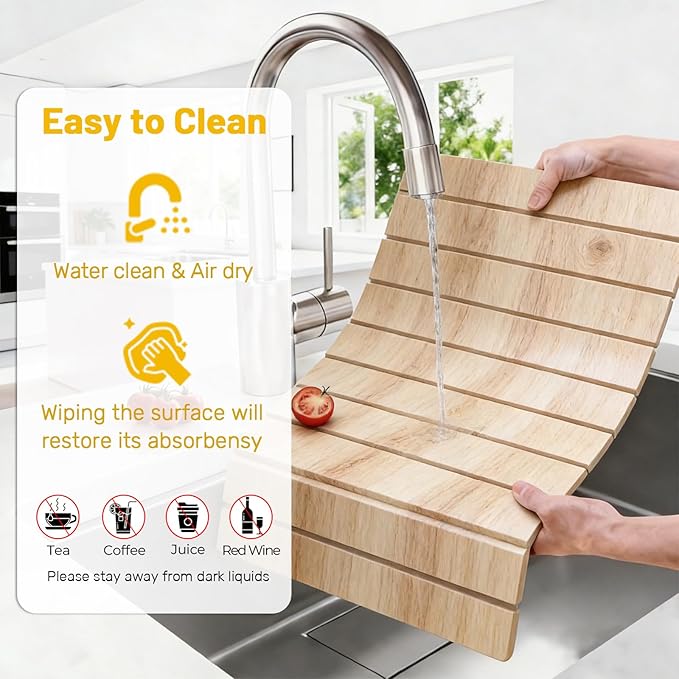Dish Drying Mats Large 24x16 Inch Diatomaceous Earth Drying Mat / Fast-AbsorbingNon-Slip Stone Drying Mat For Kitchen Counter / Eco-Friendly for Dishes(Dark wood grain)