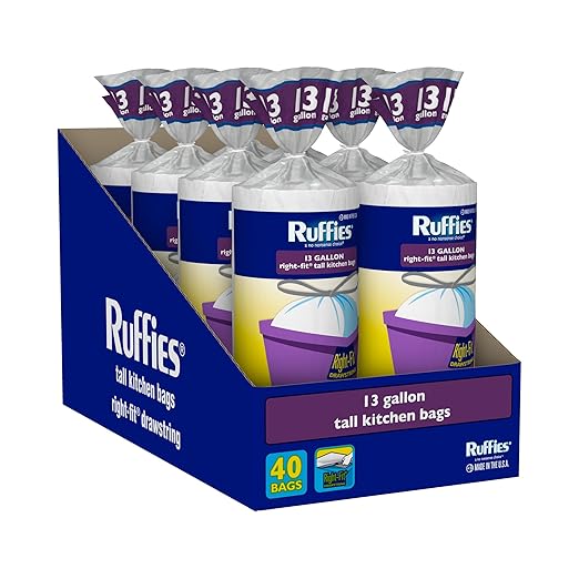 Ruffies Tall Kitchen Trash Bags - 13 Gallon 320 Total Bags (8 Packs of 40 Count) Right-Fit Drawstring – White Bags