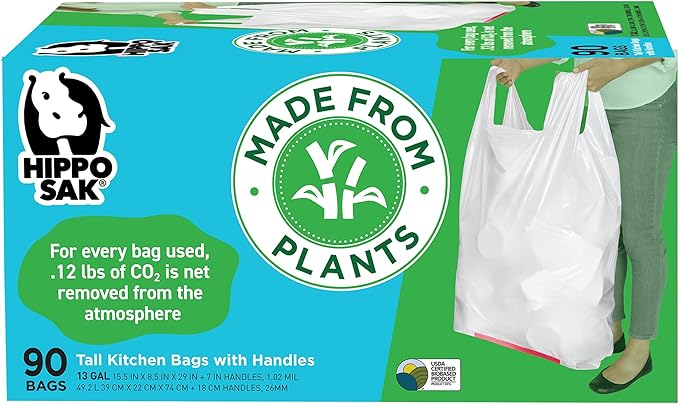 Hippo Sak - Plant Based Tall Kitchen Garbage Bags with Ergonomic Handles - 13 Gallon Trash Bags - Recyclable &amp Eco Friendly - Super Strong and Leak Proof Tall Kitchen Trash Bags (90 Count)