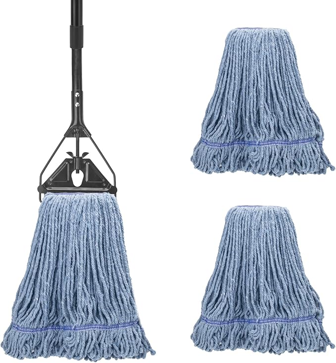 Commercial Industrial Mop for Floor Cleaning 3 Extra Large Reusable Replacement Head with 59 Long HandleHeavy Duty Looped-End String Wet Cotton Mop for HouseKitchenOfficeGarageTile Floor