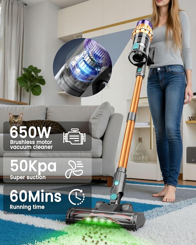Cordless Vacuum Cleaner 650W 55KPA 60 Mins Vacuum Cleaners for Home Powerful Stick Vacuum Green Light Anti-Tangle &amp Sofa Brush Rechargeable Wireless Vacuum for Pet Hair/Carpet/Hardwood FloorGol