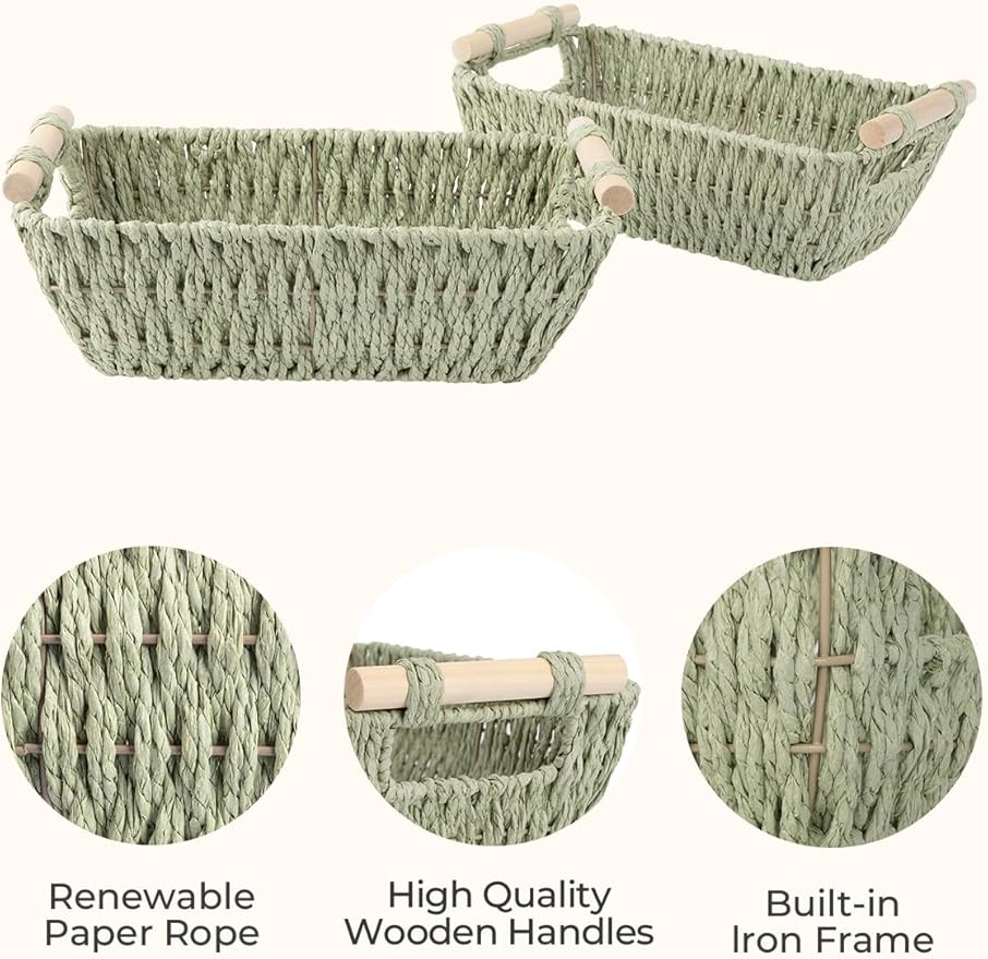 StorageWorks Round Paper Rope Woven Basket with Wooden Handles for Gifts Small Woven Baskets for Shelf Bosana Green 2-Pack