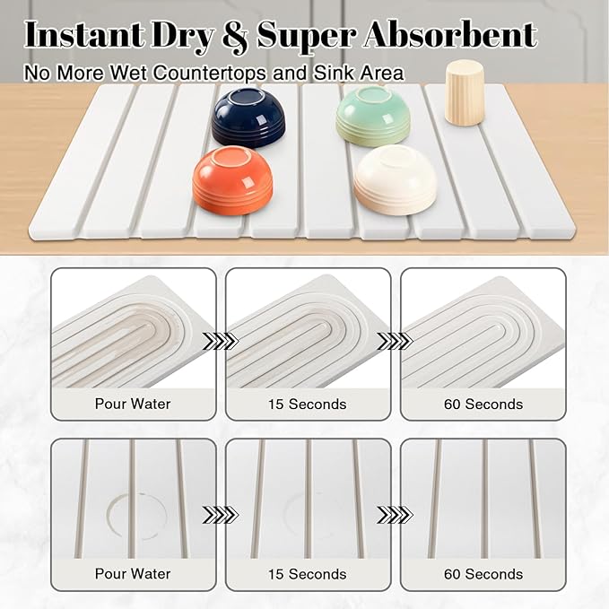 3PCS Set Large Stone Drying Mat for Kitchen Counter Foldable Collapsible Fast Drying Stone Dish Mat Water Absorbing Natural Diatomaceous Earth Bath Mat Quick Dry Stone Tray Bathroom Countertop White