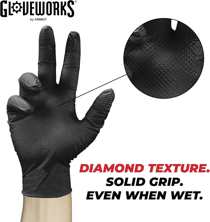 GLOVEWORKS Green Nitrile Gloves 8 Mil Disposable Heavy Duty Raised Diamond Texture Latex Free Industrial Mechanic Glove