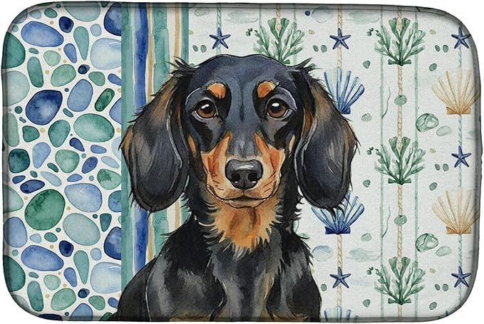 Caroline's Treasures Longhaired Black and Tan Dachshund Coastal Sea Glass Dish Drying Mat Absorbent Dish Drying Mat Pad for Kitchen Counter Dish Drainer Mat for Countertop 14 x 21 Multicolor