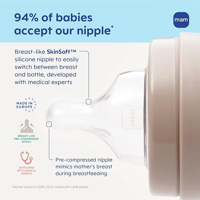 MAM 9oz Premium Glass Wide Neck Baby Bottle with Medium Flow Breastfeeding-Like Silicone Nipple Easy to Clean BPA Free 2+ Months Easy Switch Between Breast and Bottle Made in Europe 3 Pack