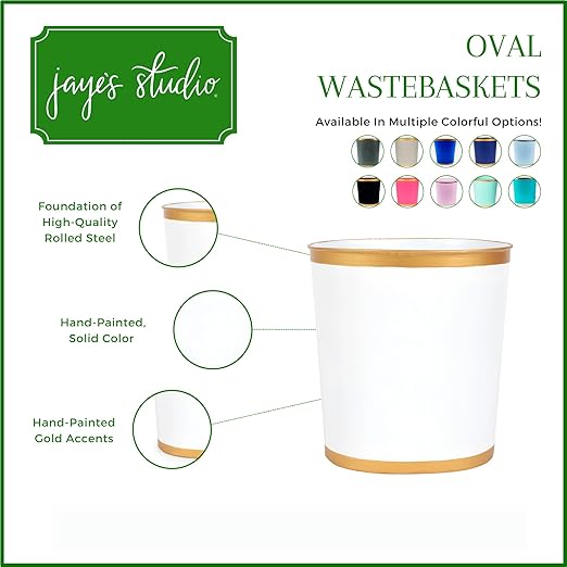 Jaye's Studio Mattie Decorative White and Gold Bathroom Trash Can Metal Waste Basket Modern Luxury Trash Bin for Bedroom Dorm Room Office Garbage Can Oval Decorative Trash Bins (12 x 10 x 8)