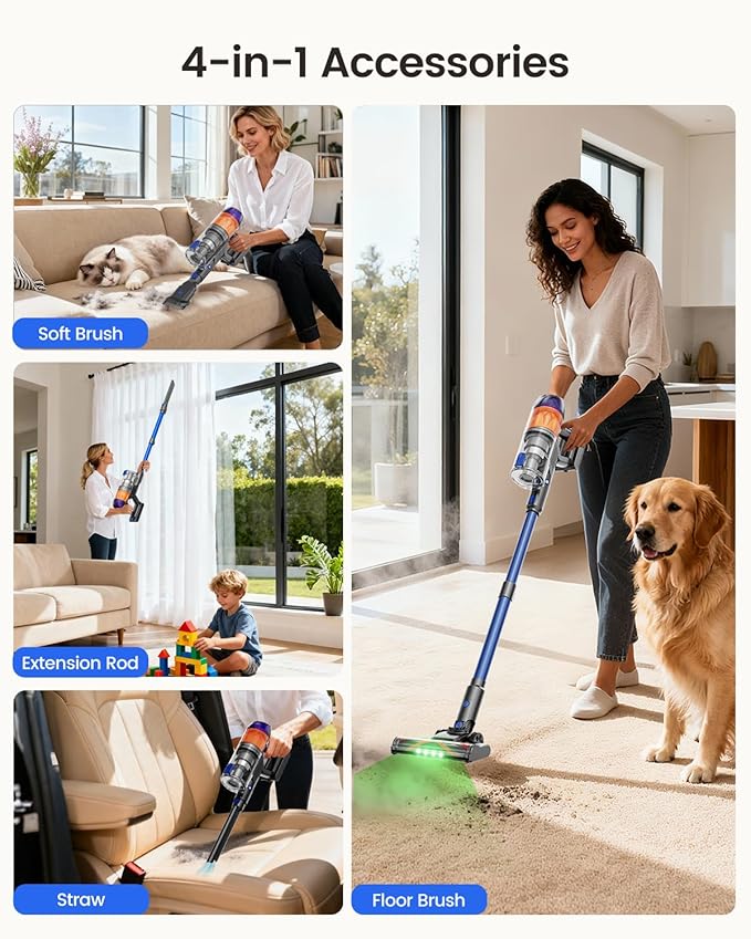 Cordless Vacuum Cleaner 500W Vacuum Cleaners for Home Pet Hair 60Mins Cordless Stick Vacuums with LED Display Anti-Tangle Lightweight Vacuum for Hard Floors CarpetBlue