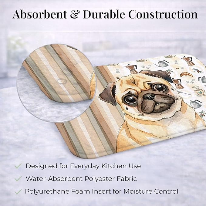 Caroline's Treasures Fawn Pug Coffee Bar Dish Drying Mat Absorbent Dish Drying Mat Pad for Kitchen Counter Dish Drainer Mat for Countertop 14 x 21 Multicolor