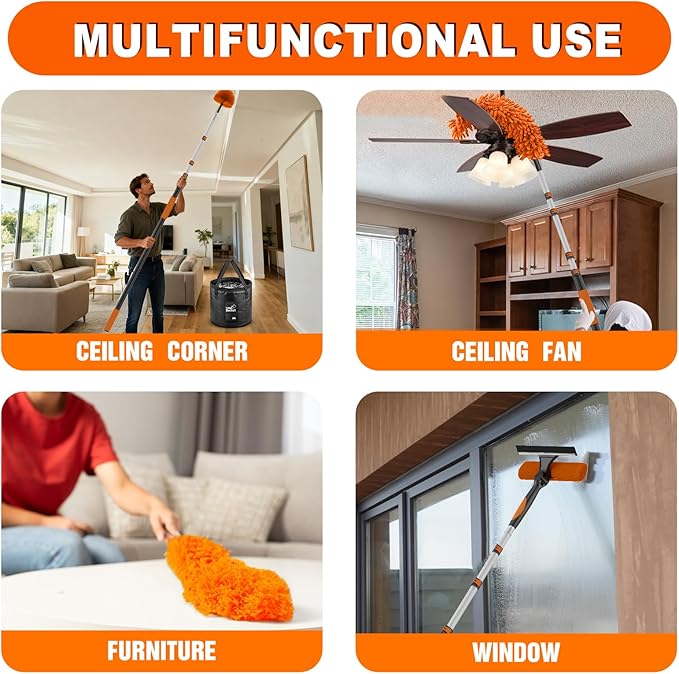 36FT Reach High Ceiling Duster Kit Window Cleaning kit with 7-30FT Extension Pole Fan Duster for Ceiling Fan Blades Microfiber Feather Duster Window Squeegee Bucket and Cobweb Duster