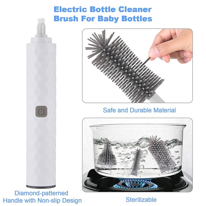 Rechargeable Electric Bottle Brush Cleaner Set with 3 Piece Silicone Baby Bottle Brush Cleaner and Straw Cleaner BrushBPA FreeWaterproofPerfect Baby Registry GiftWhite