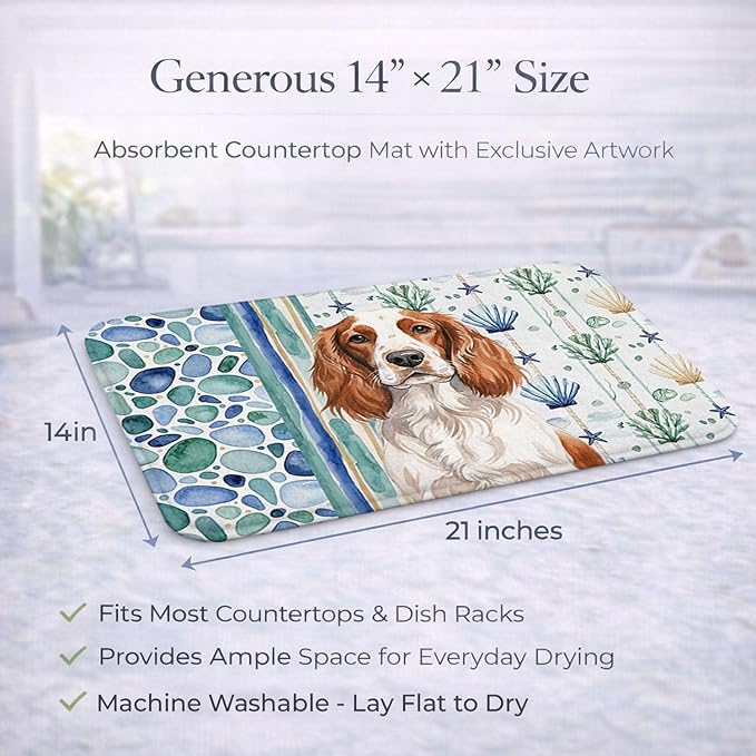 Caroline's Treasures Welsh Springer Spaniel Coastal Sea Glass Dish Drying Mat Absorbent Dish Drying Mat Pad for Kitchen Counter Dish Drainer Mat for Countertop 14 x 21 Multicolor