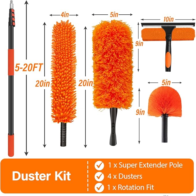 26FT High Reach Duster Cleaning Kit with 5-20 FT Extension PoleHigh Ceiling Dusting and Window Cleaning Kit with Microfiber Feather DusterCobweb DusterCeiling Fan DusterWindow Squeegee Cleaner