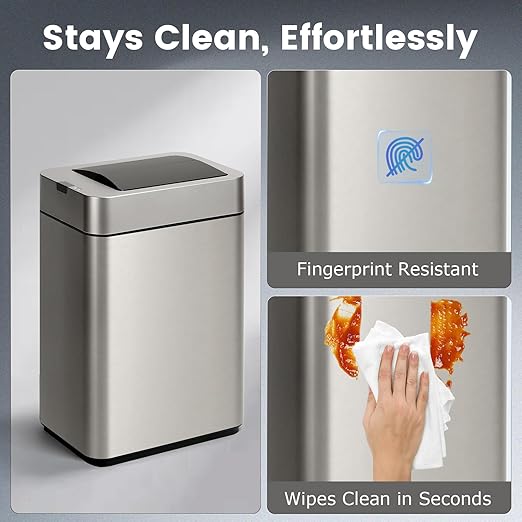 Sensor Trash Can with Butterfly Lid 2.6 Gallon Rectangular Automatic Garbage Can Stainless Steel Trash Bin Slim Waterproof Wastebaskets with Lid Soft Close for Under Counter Silver