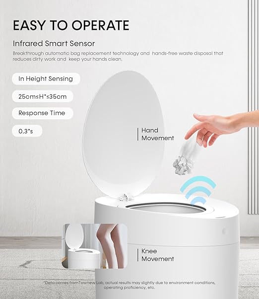 TOWNEW T AIR ONE Smart Trash Can 2.6 Gallon Automatic Garbage Can with Self-Sealing and Self-Changing Motion Sense Activated Rechargeable Trashcan for Living Room Bedroom Workshop Kitchen White