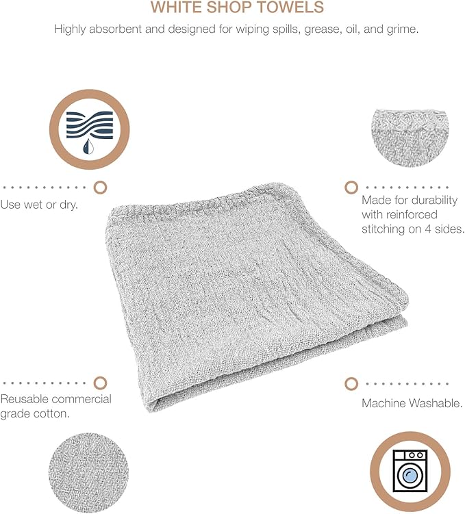 Detailer's Preference Absorbent Cotton Shop Towels Reusable Cleaning Rags for Auto Garage Home Kitchen Industrial Use Wipe Spills Grease Oil Grime Dirt &amp More 11x12 50-Pack White