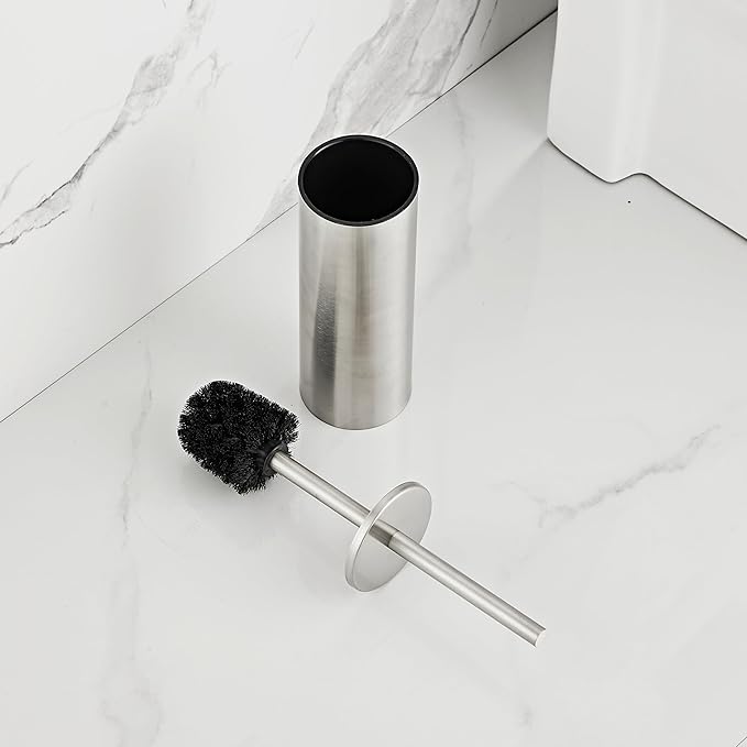 Brushed Nickel Toilet Brush and Holder Set - Stainless Steel Toilet Bowl Scrubber with Replaceable Head &amp Splash Guard