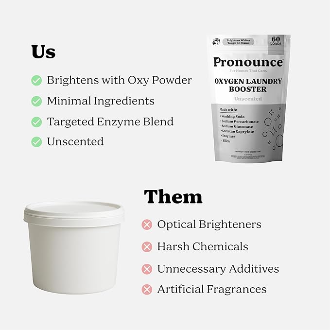 Pronounce Oxygen Laundry Booster with Enzymes - Brightens White &amp Tough on Stains Fights Odor. Stain Remover Cleaner Ingredients Fragrance Free - Ultra Concentrated HE - 60 Loads (Unscented)