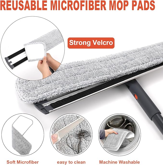 24inch Flat Mop for Cleaning Floors Heavy Duty Microfiber Wet Mop Deep Cleaning for Hardwood Tile &amp Laminate Includes 4 Reusable Washable Pads and Adjustable Long Handle