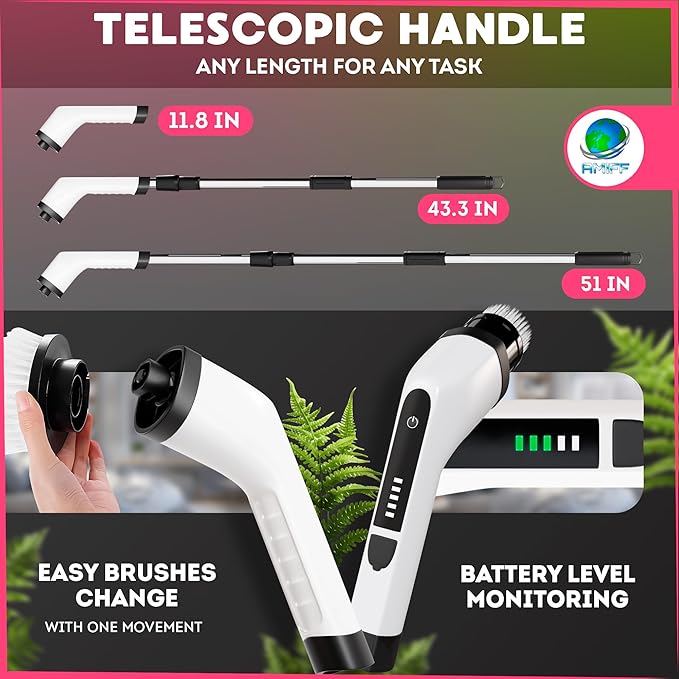 7-in-1 Electric Bathroom Scrubbing Brush 2500 mAh. Telescopic Bathtub Scrubber with Long Handle. Powerful Electric Bathtub Scrubber. Portable Power Brush for Cleaning Bathroom Kitchen Car