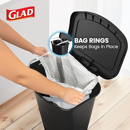 Glad 13 Gallon Trash Can | Plastic Kitchen Waste Bin with Odor Protection of Lid | Hands Free with Step On Foot Pedal and Garbage Bag Rings Black