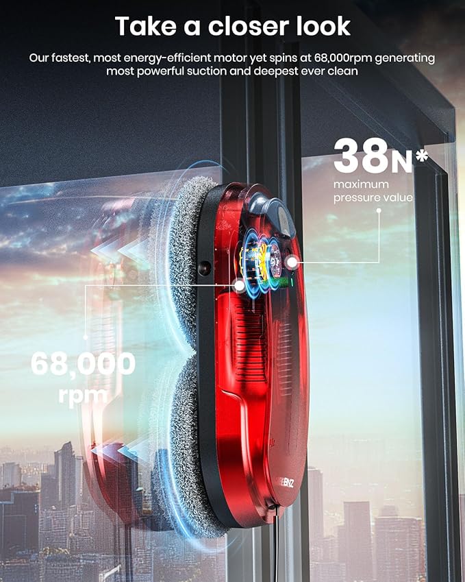 BNZ Smart Window Cleaning Robot Twin Turbo &amp Dual Auto-Spray Window Cleaner with Multiple Safety System AI Path Planning Frameless Edge Detection K1 (Ruby Red)
