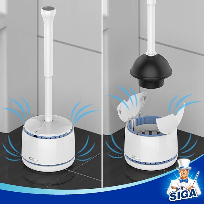 MR.SIGA Toilet Plunger with Holder Heavy Duty Toilet Plunger and Holder Combo for Bathroom Cleaning White