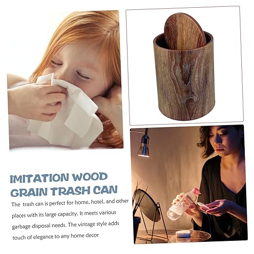Swing Lid Garbage Can with Vintage Artificial Wood Grain Plastic Trash Bin for Bathroom Bedroom Office Easy-Clean Wastebasket for Efficient Waste Disposal