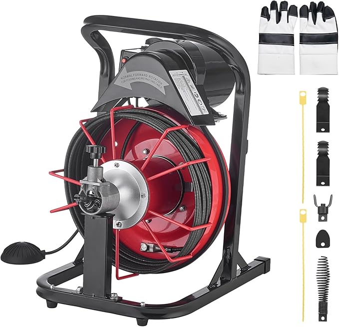 VEVOR Drain Cleaner Machine 50 FT x 5/16 Inch Auto Feed Sewer Snake Auger with 4 Cutters &amp Air-Activated Foot Switch for 2 to 4 Pipes