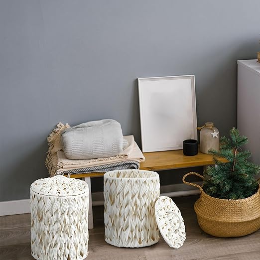 Ctosree 1.3 Gallons Small Trash Can with Lid Handle Boho Woven Braided Bathroom Waste Basket Trash Can with 100 Garbage Bags for Bedroom Office Laundry(Cream WhiteBraided PolypropyleneRound)