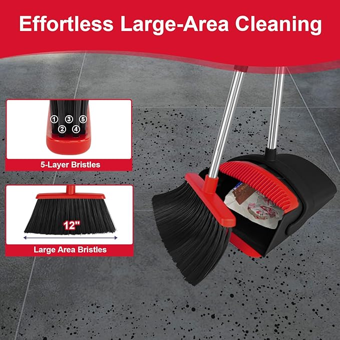 Broom with Dustpan Combo Set and Silicone Air Broom Kit 51 Long Handle Floor Squeegee Red Household Kit for Glass Window Rugs Pet Hair Home