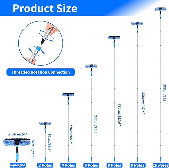 12.2FT/3.7M Window Cleaning Tools Professional 2 in 1 Window Cleaner Tool Kit 2 in 1 Extendable Squeegee Window Cleaner for high Windows Car Glass