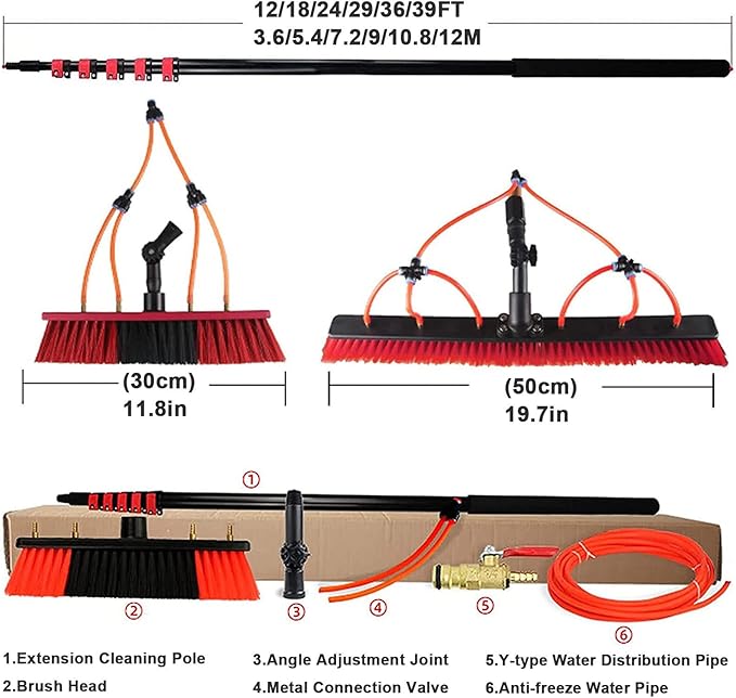 Water Fed Telescopic Brush Window Cleaning Kit for Cleaning Window Solar Panels Cleaning and Washing Tool for Window Glass Solar Panel30cmbrush-36FT/10.8M
