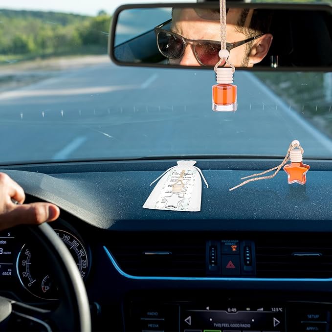 48 Sets Hanging Car Air Freshener Diffuser Bottles Bulk with Car Diffuser Instructions Car Card Empty Glass Essential Oil Diffuser Bottles Fragrance Perfume Pendant Bottle for Staff Employee