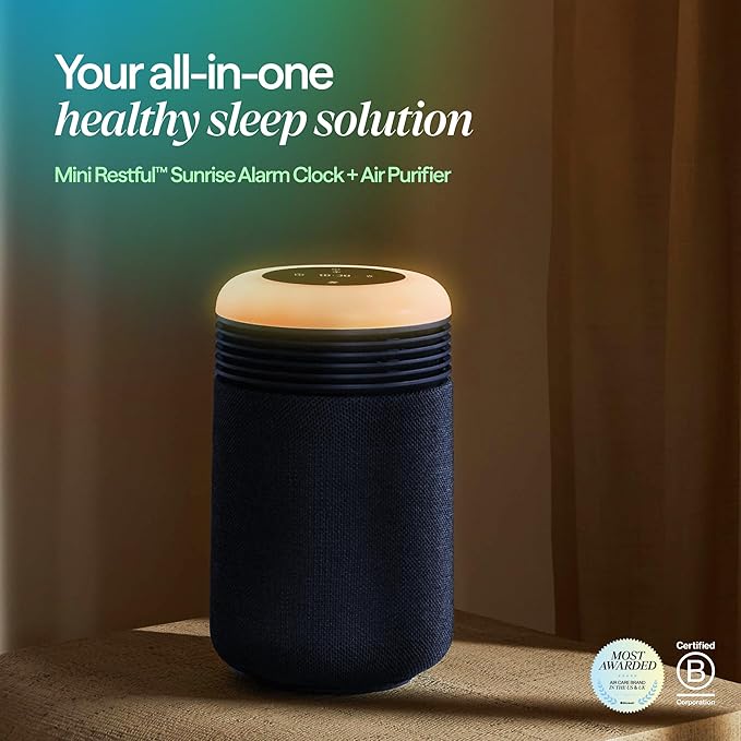 BLUEAIR Purifier for Bedroom - Mini Restful - Sunrise Clock with HEPASilent Filtration and Wake Up Light - Cleans Air and Supports Circadian Rhythm - USB-C and App Connectivity Blue