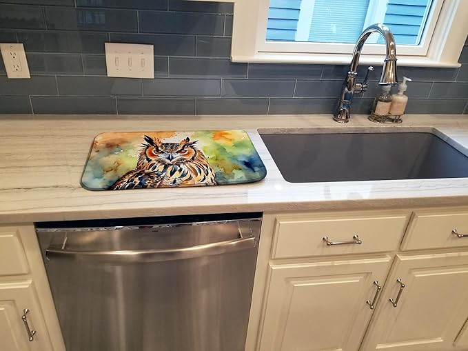Caroline's Treasures DAC3223DDM Eurasian Eagle Owl Dish Drying Mat Absorbent Dish Drying Mat Pad for Kitchen Counter Dish Drainer Mat for Countertop 14 x 21 Multicolor