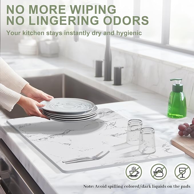 Large Stone Drying Mat for Kitchen Counter 24 × 16 Diatomite Dish Drying Mat Quick Dry Stone Mats Ultra Absorbent Natural Diatomaceous Earth Mats for Dished Bottles White Marble