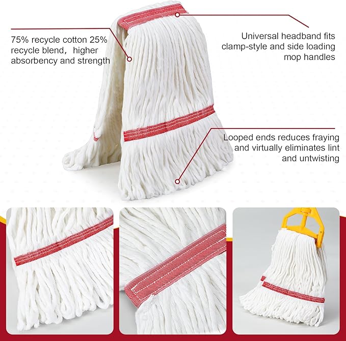 Eccliy 6 Pack Heavy Loop End Cotton String Mop Head Heavy Duty Mop Head Commercial Refills Replacement Bulk for Home Industrial Commercial Floor Cleaning (WhiteRed)